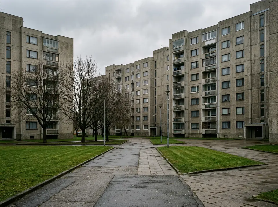 Hetvenes években épült panelházak sora egy lakótelepi belső úton, füves sávval és fákkal