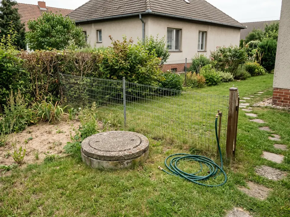 Földszintes ház kertje, a gyepbe épített betonakna fedelével és kerítéssel a háttérben